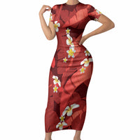 Red Banana Leaf Hawaii Short Sleeve Bodycon Dress Lau Maia Plumeria Tropical Summer Vibes LT14 Long Dress Red - Polynesian Pride