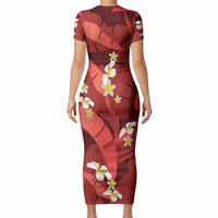 Red Banana Leaf Hawaii Short Sleeve Bodycon Dress Lau Maia Plumeria Tropical Summer Vibes LT14 - Polynesian Pride