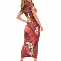 Red Banana Leaf Hawaii Short Sleeve Bodycon Dress Lau Maia Plumeria Tropical Summer Vibes LT14 - Polynesian Pride