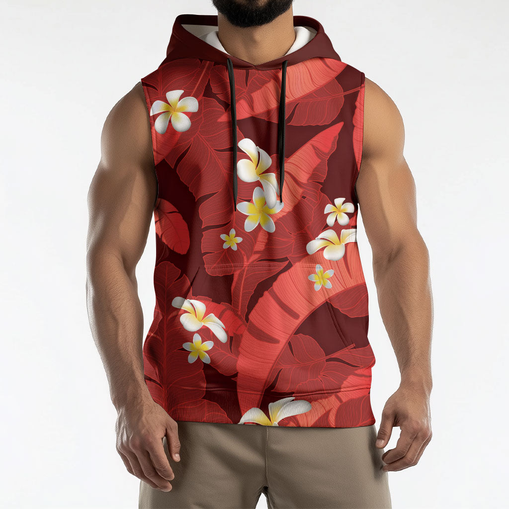 Red Banana Leaf Hawaii Sleeveless Hoodie Lau Maia Plumeria Tropical Summer Vibes LT14 - Polynesian Pride