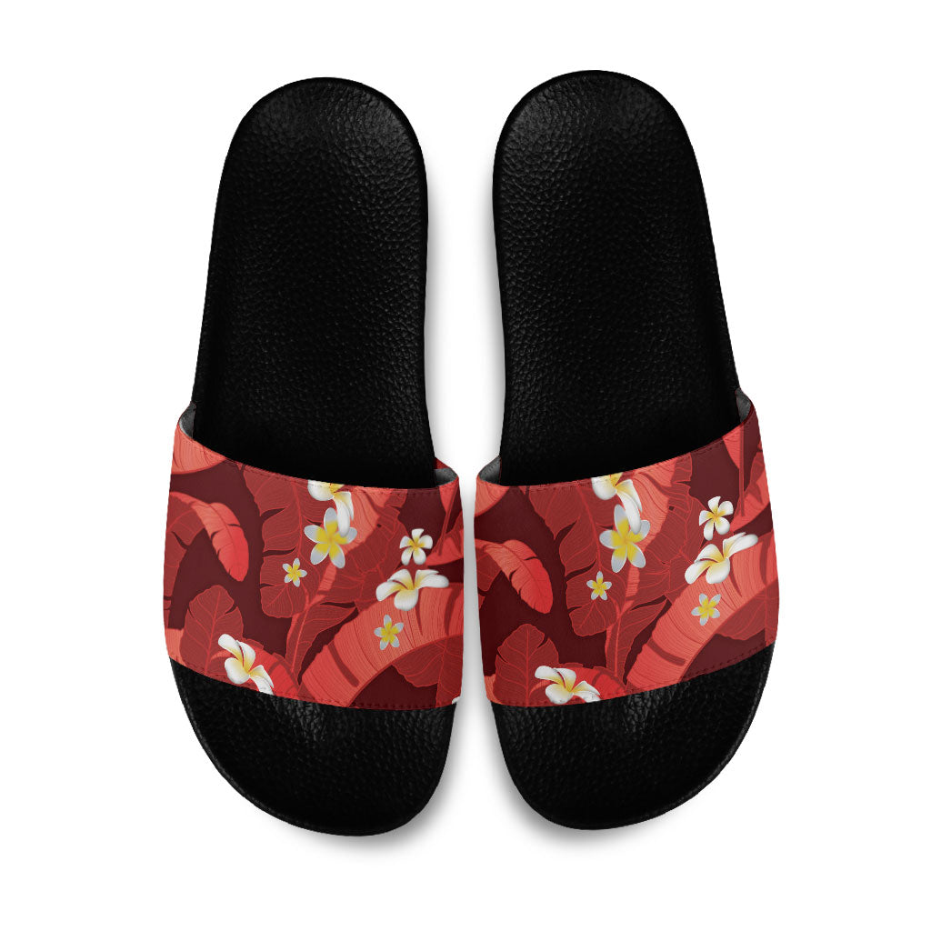 Red Banana Leaf Hawaii Slide Sandals Lau Maia Plumeria Tropical Summer Vibes LT14 Red - Polynesian Pride