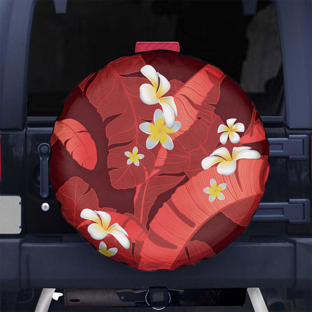 Red Banana Leaf Hawaii Spare Tire Cover Lau Maia Plumeria Tropical Summer Vibes LT14 No hole Red - Polynesian Pride