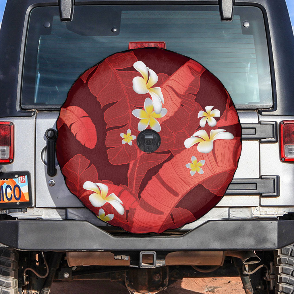 Red Banana Leaf Hawaii Spare Tire Cover Lau Maia Plumeria Tropical Summer Vibes LT14 Red - Polynesian Pride