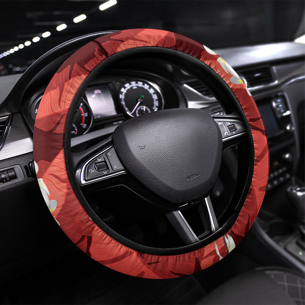 Red Banana Leaf Hawaii Steering Wheel Cover Lau Maia Plumeria Tropical Summer Vibes LT14 Universal Fit Red - Polynesian Pride