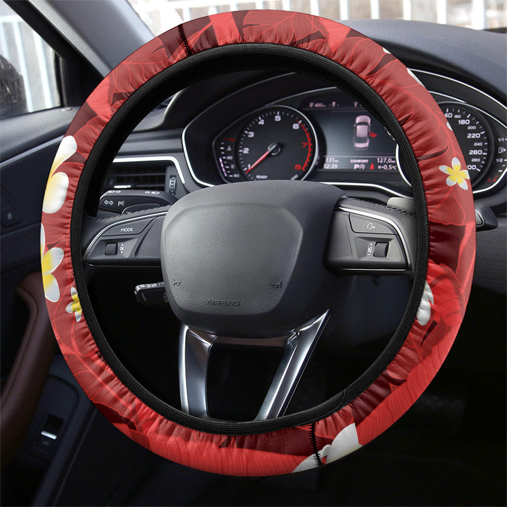 Red Banana Leaf Hawaii Steering Wheel Cover Lau Maia Plumeria Tropical Summer Vibes LT14 - Polynesian Pride