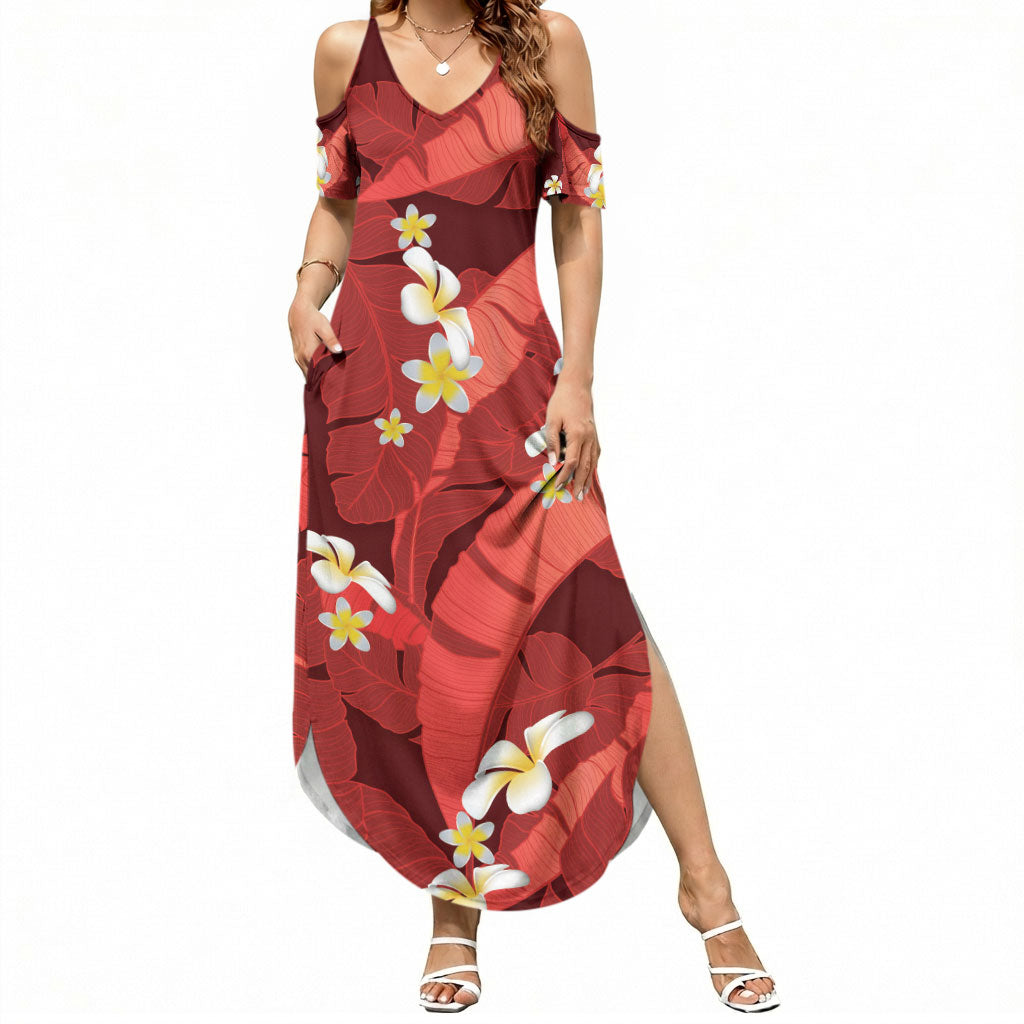 Red Banana Leaf Hawaii Summer Maxi Dress Lau Maia Plumeria Tropical Summer Vibes LT14 Women Red - Polynesian Pride