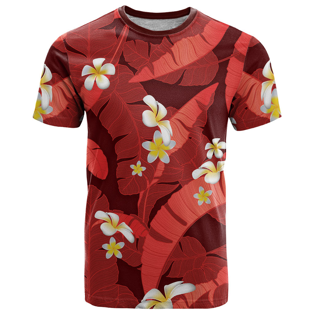 Red Banana Leaf Hawaii T Shirt Lau Maia Plumeria Tropical Summer Vibes LT14 Red - Polynesian Pride