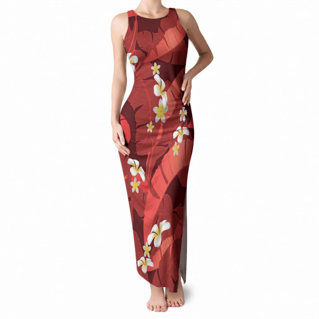 Red Banana Leaf Hawaii Tank Maxi Dress Lau Maia Plumeria Tropical Summer Vibes LT14 Women Red - Polynesian Pride