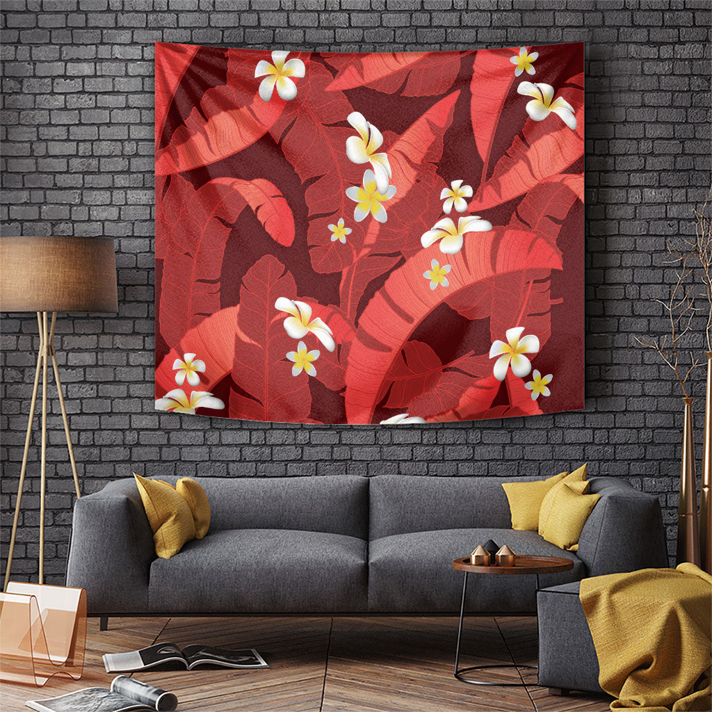 Red Banana Leaf Hawaii Tapestry Lau Maia Plumeria Tropical Summer Vibes LT14 Red - Polynesian Pride