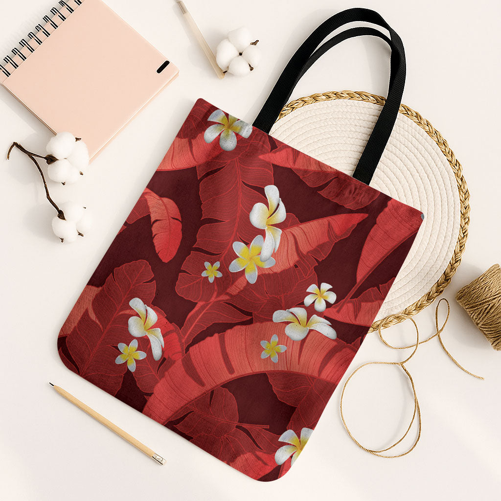 Red Banana Leaf Hawaii Tote Bag Lau Maia Plumeria Tropical Summer Vibes LT14 Black Strap One Size Red - Polynesian Pride
