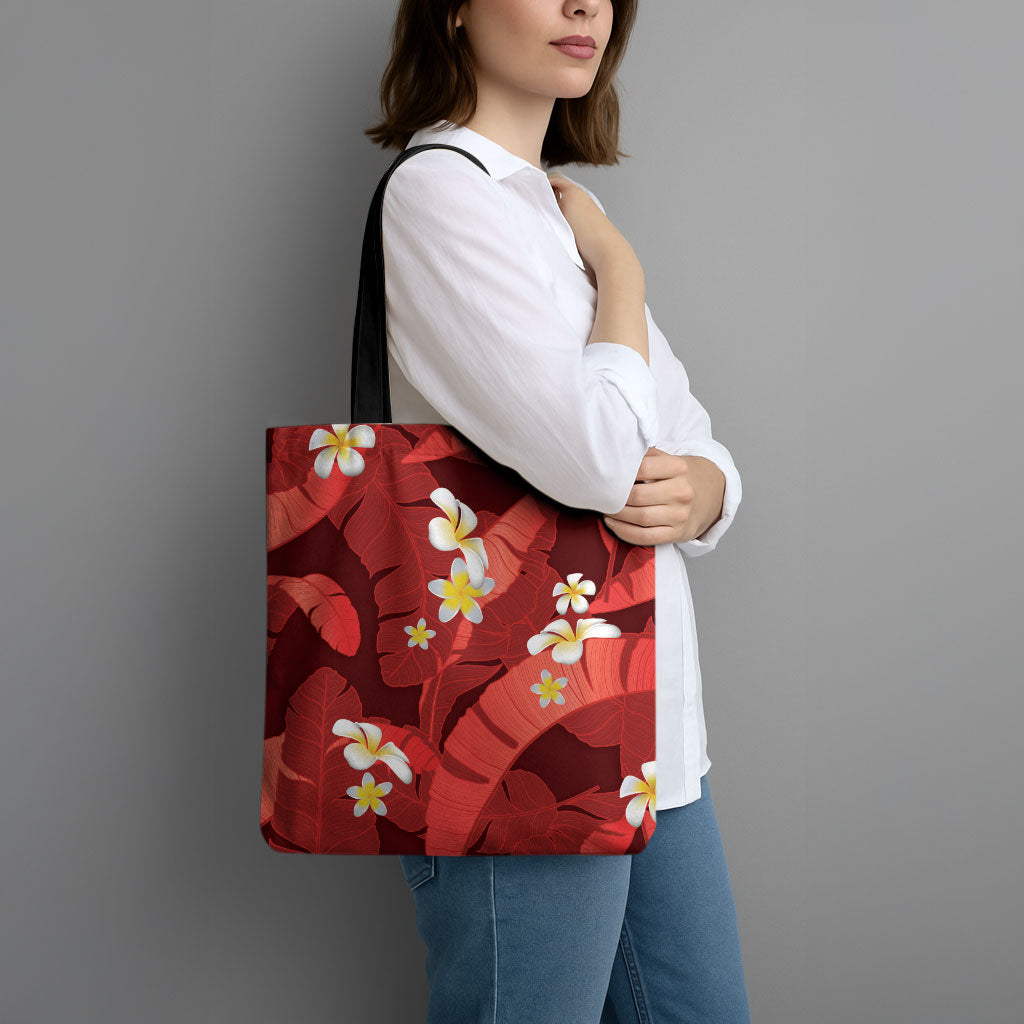 Red Banana Leaf Hawaii Tote Bag Lau Maia Plumeria Tropical Summer Vibes LT14 - Polynesian Pride