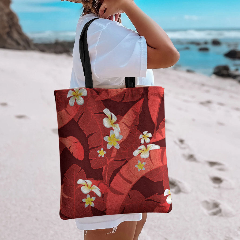 Red Banana Leaf Hawaii Tote Bag Lau Maia Plumeria Tropical Summer Vibes LT14 - Polynesian Pride
