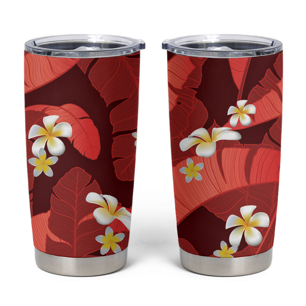Red Banana Leaf Hawaii Tumbler Cup Lau Maia Plumeria Tropical Summer Vibes LT14 Red - Polynesian Pride