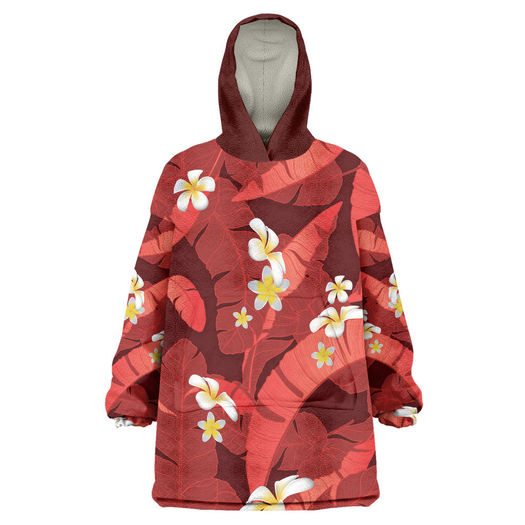 Red Banana Leaf Hawaii Wearable Blanket Hoodie Lau Maia Plumeria Tropical Summer Vibes LT14 One Size Red - Polynesian Pride