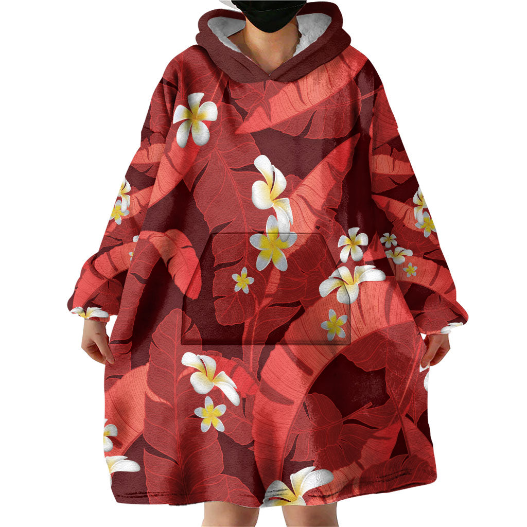 Red Banana Leaf Hawaii Wearable Blanket Hoodie Lau Maia Plumeria Tropical Summer Vibes LT14 - Polynesian Pride