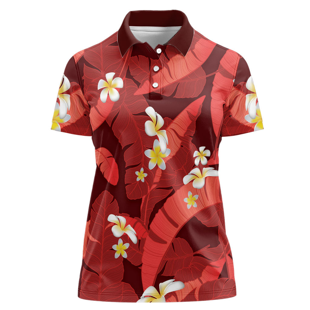 Red Banana Leaf Hawaii Women Polo Shirt Lau Maia Plumeria Tropical Summer Vibes LT14 Female Red - Polynesian Pride