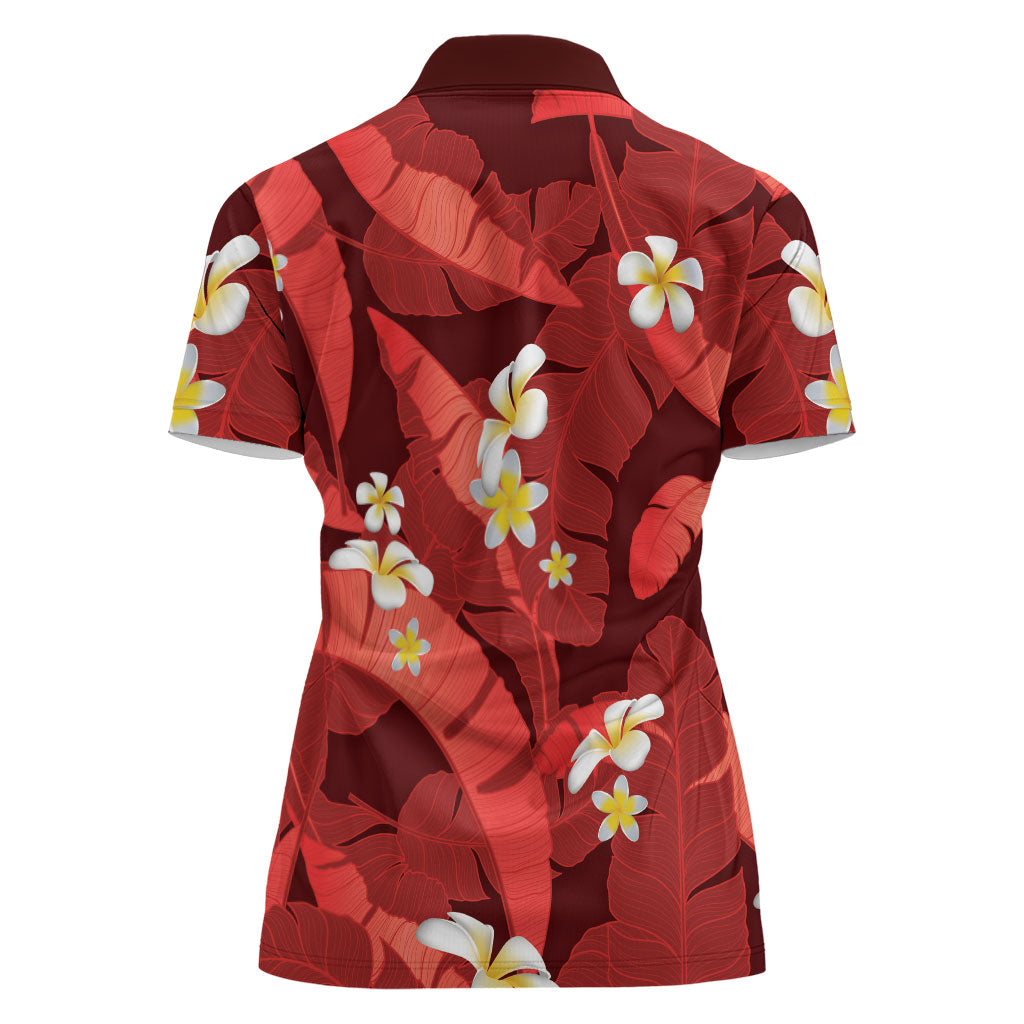 Red Banana Leaf Hawaii Women Polo Shirt Lau Maia Plumeria Tropical Summer Vibes LT14 - Polynesian Pride