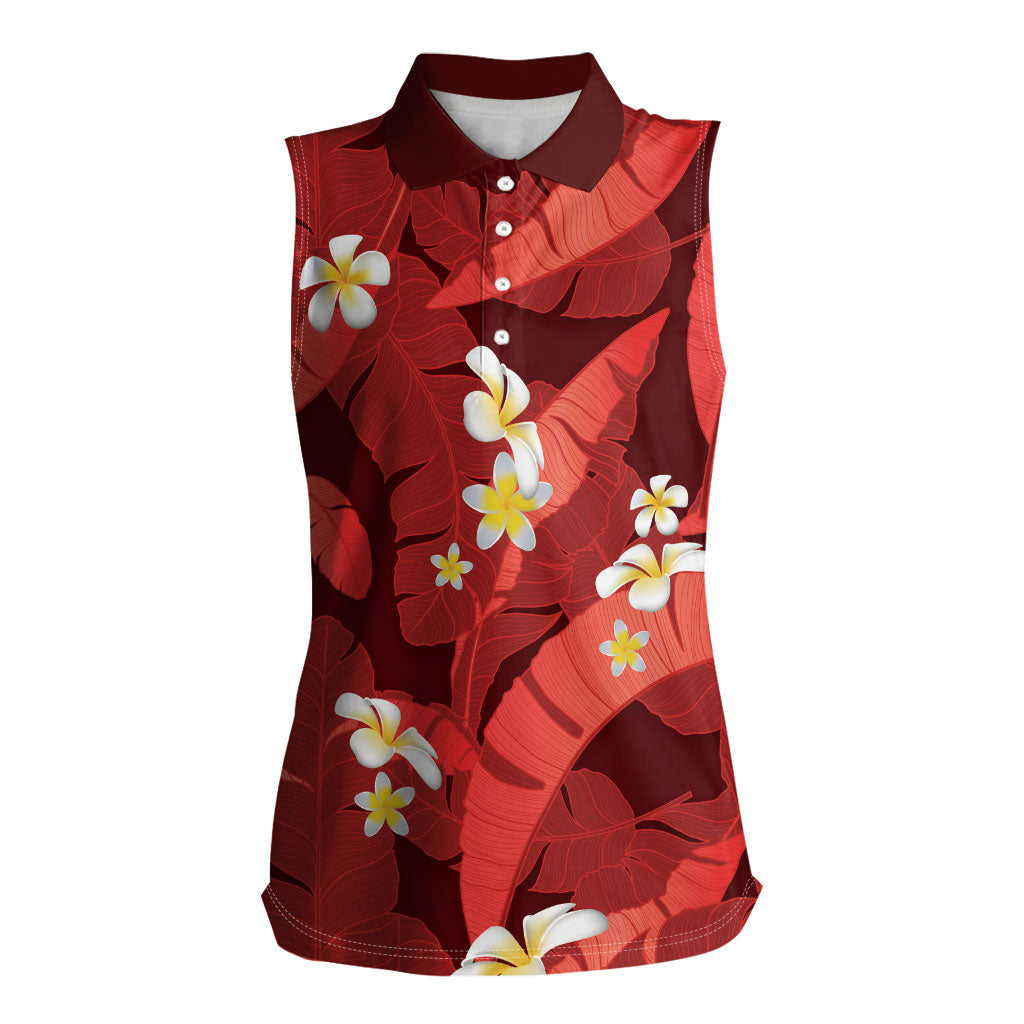 Red Banana Leaf Hawaii Women Sleeveless Polo Shirt Lau Maia Plumeria Tropical Summer Vibes LT14 Female Red - Polynesian Pride