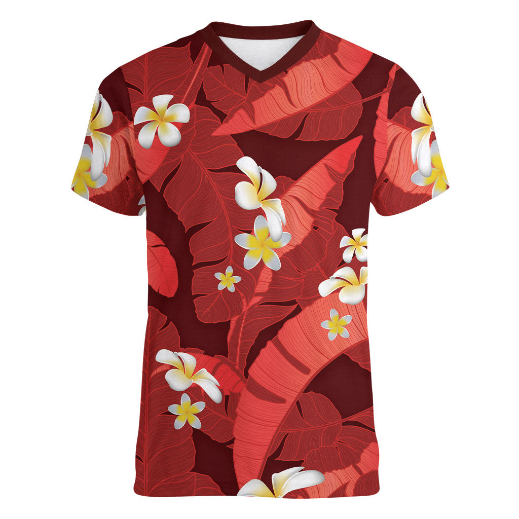 Red Banana Leaf Hawaii Women V-Neck T-Shirt Lau Maia Plumeria Tropical Summer Vibes LT14 Female Red - Polynesian Pride