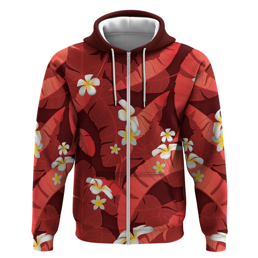 Red Banana Leaf Hawaii Zip Hoodie Lau Maia Plumeria Tropical Summer Vibes LT14 Zip Hoodie Red - Polynesian Pride