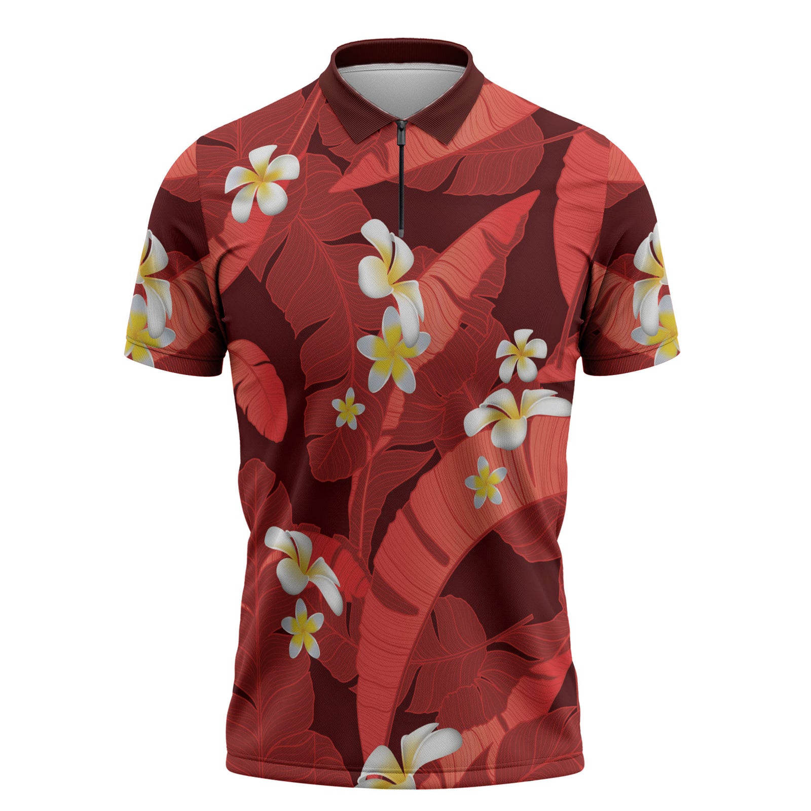 Red Banana Leaf Hawaii Zipper Polo Shirt Lau Maia Plumeria Tropical Summer Vibes LT14 Red - Polynesian Pride