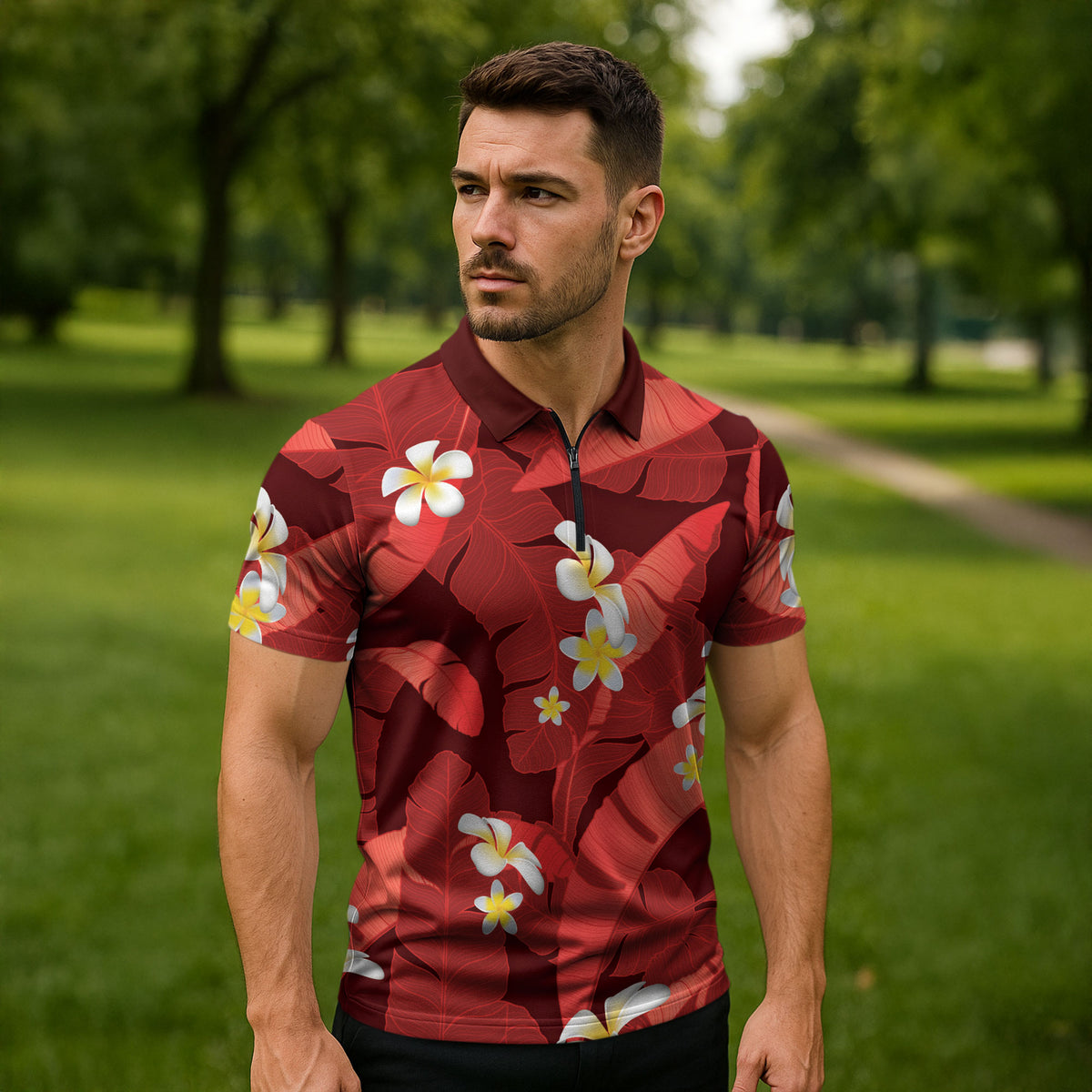 Red Banana Leaf Hawaii Zipper Polo Shirt Lau Maia Plumeria Tropical Summer Vibes LT14 - Polynesian Pride