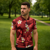 Red Banana Leaf Hawaii Zipper Polo Shirt Lau Maia Plumeria Tropical Summer Vibes LT14 - Polynesian Pride