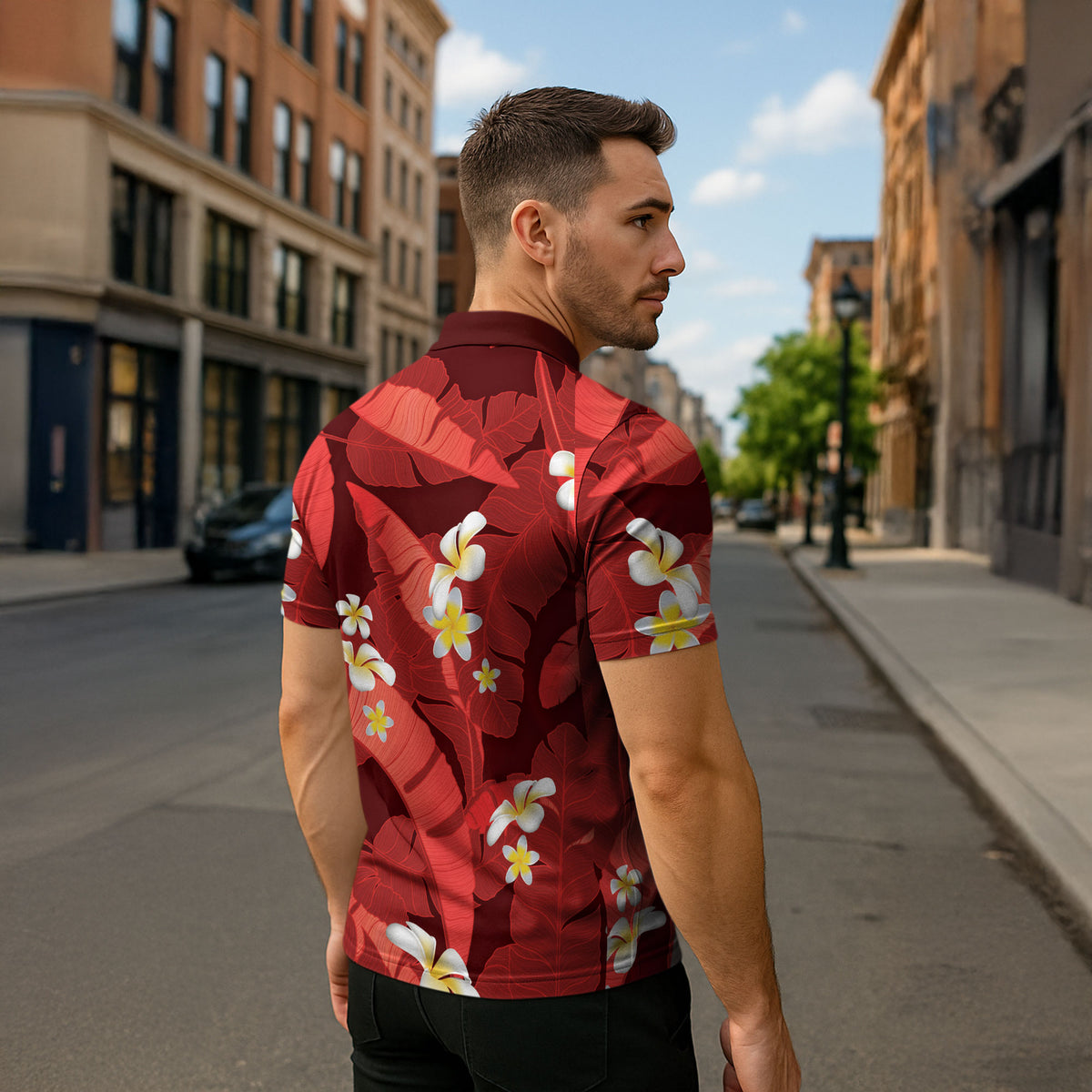 Red Banana Leaf Hawaii Zipper Polo Shirt Lau Maia Plumeria Tropical Summer Vibes LT14 - Polynesian Pride