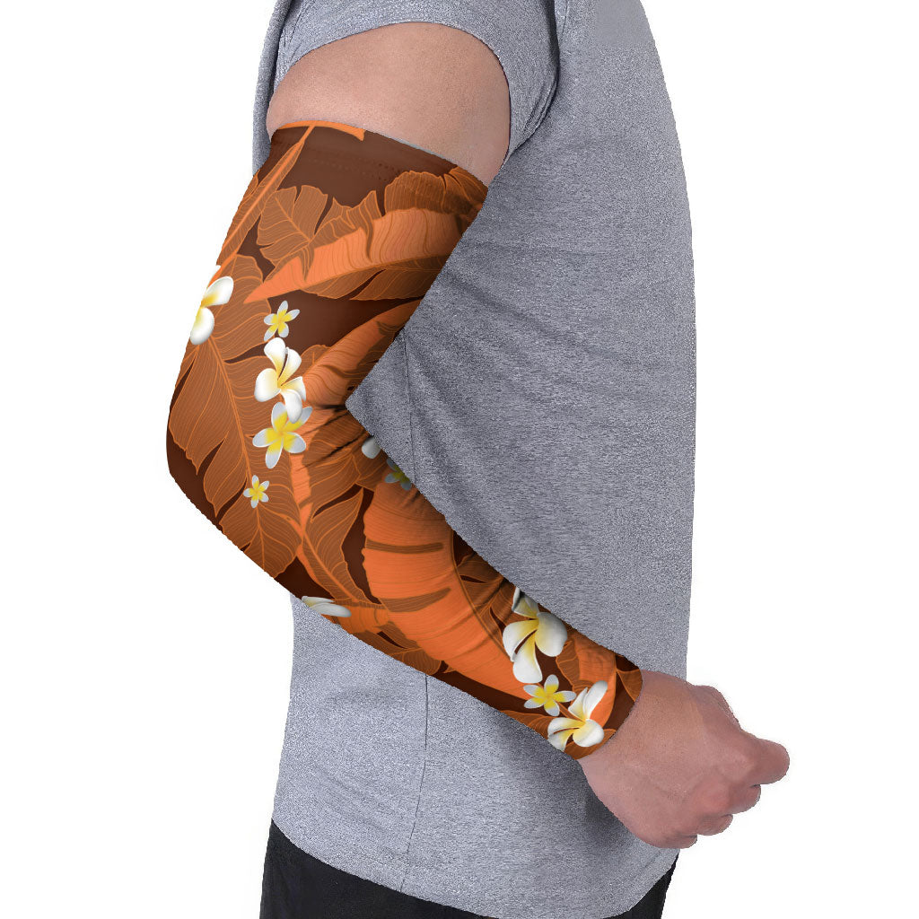 Orange Banana Leaf Hawaii Arm Sleeves Lau Maia Plumeria Tropical Summer Vibes LT14 - Polynesian Pride