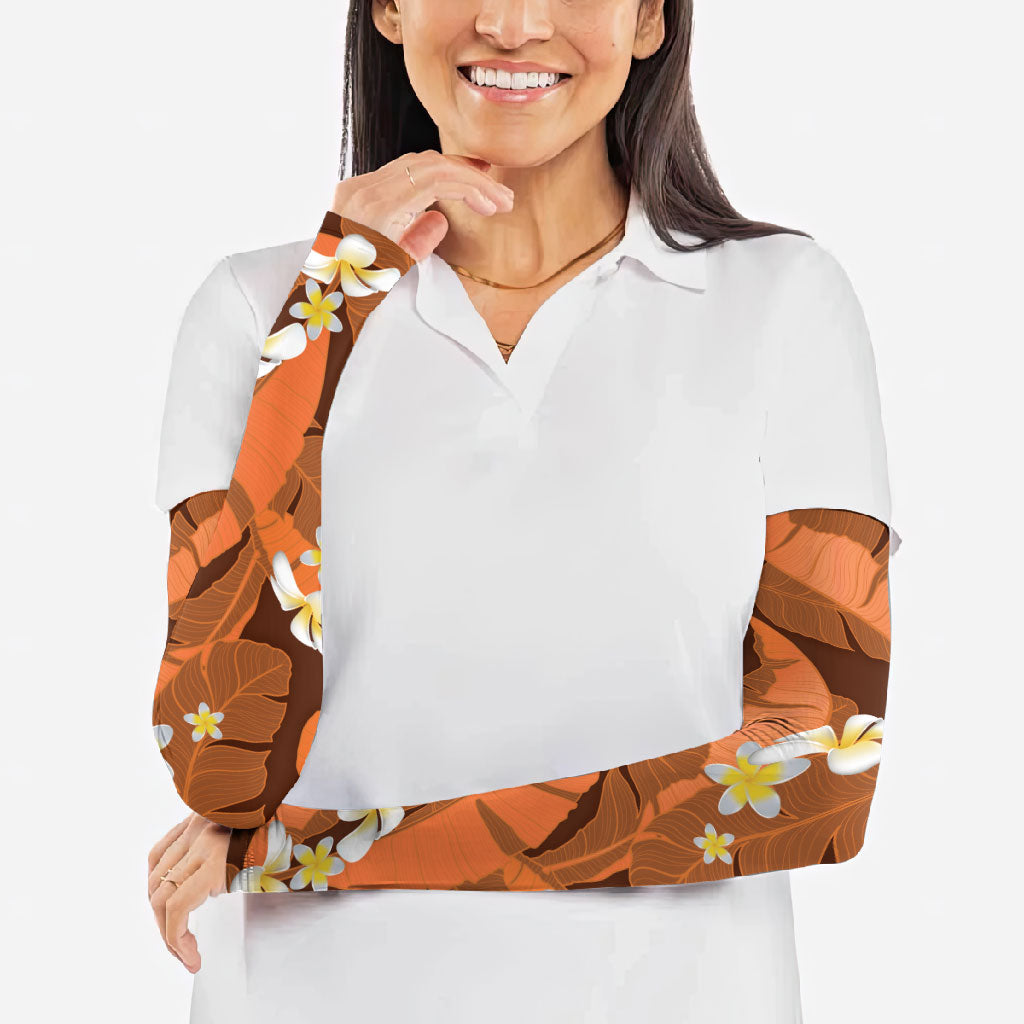 Orange Banana Leaf Hawaii Arm Sleeves Lau Maia Plumeria Tropical Summer Vibes LT14 - Polynesian Pride