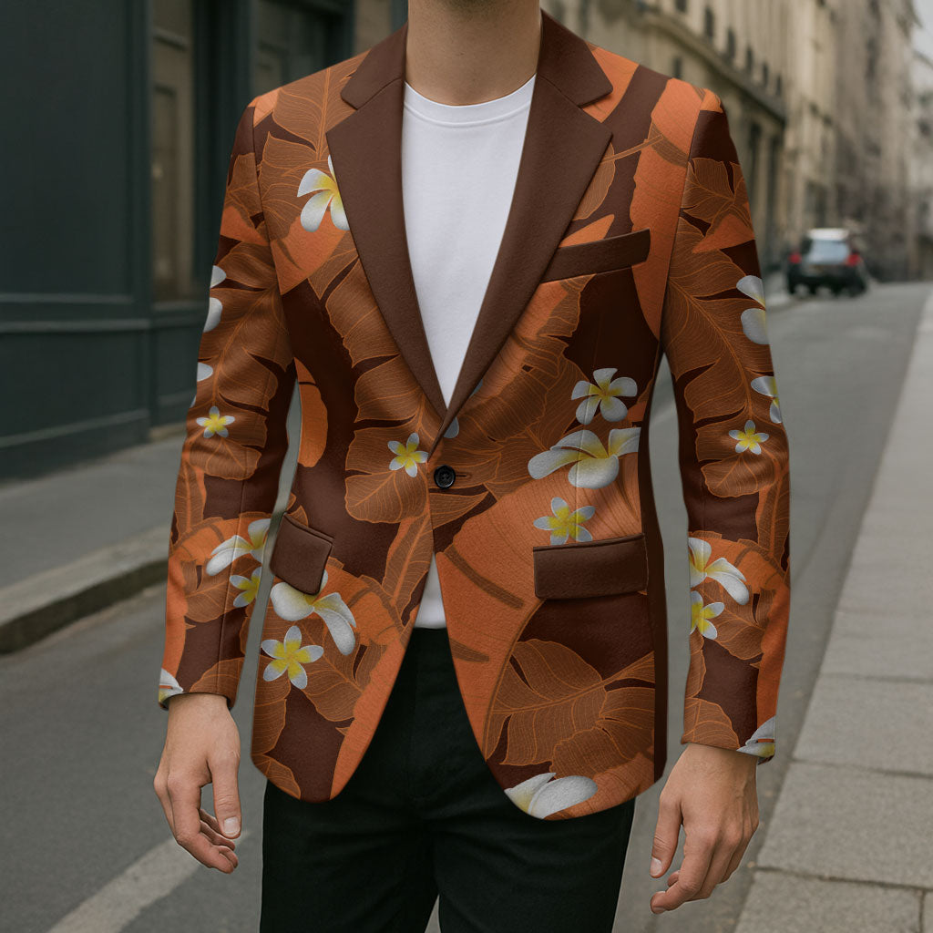 Orange Banana Leaf Hawaii Blazer Lau Maia Plumeria Tropical Summer Vibes LT14 - Polynesian Pride