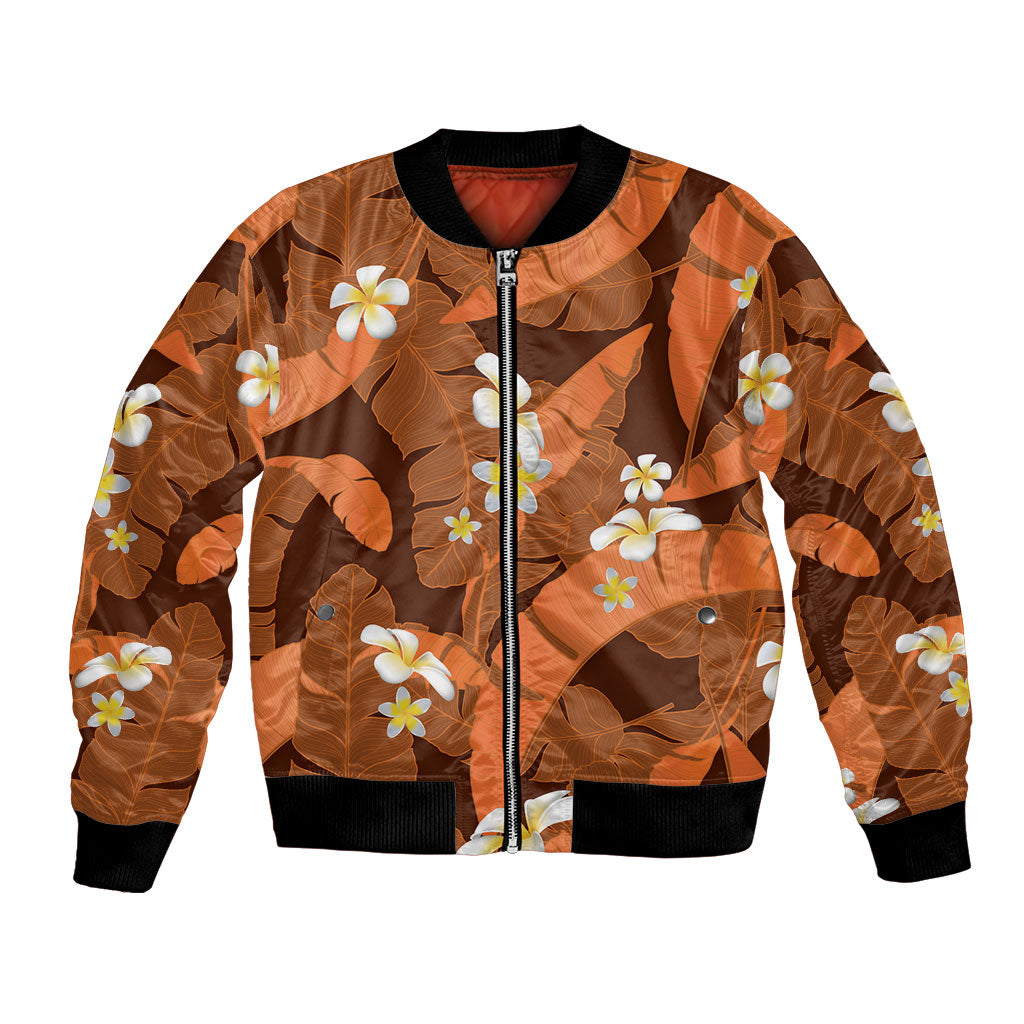 Orange Banana Leaf Hawaii Bomber Jacket Lau Maia Plumeria Tropical Summer Vibes LT14 Unisex Orange - Polynesian Pride