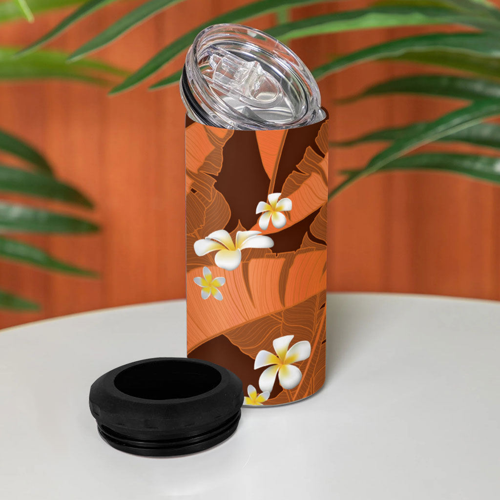 Orange Banana Leaf Hawaii 4 in 1 Can Cooler Tumbler Lau Maia Plumeria Tropical Summer Vibes LT14 - Polynesian Pride