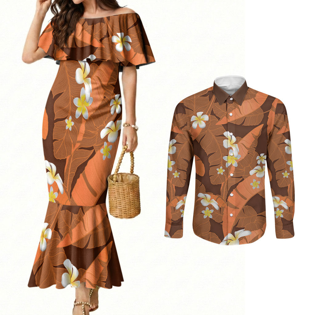 Orange Banana Leaf Hawaii Couples Matching Mermaid Dress and Long Sleeve Button Shirt Lau Maia Plumeria Tropical Summer Vibes LT14 Orange - Polynesian Pride