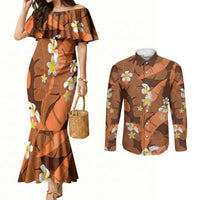 Orange Banana Leaf Hawaii Couples Matching Mermaid Dress and Long Sleeve Button Shirt Lau Maia Plumeria Tropical Summer Vibes LT14 Orange - Polynesian Pride