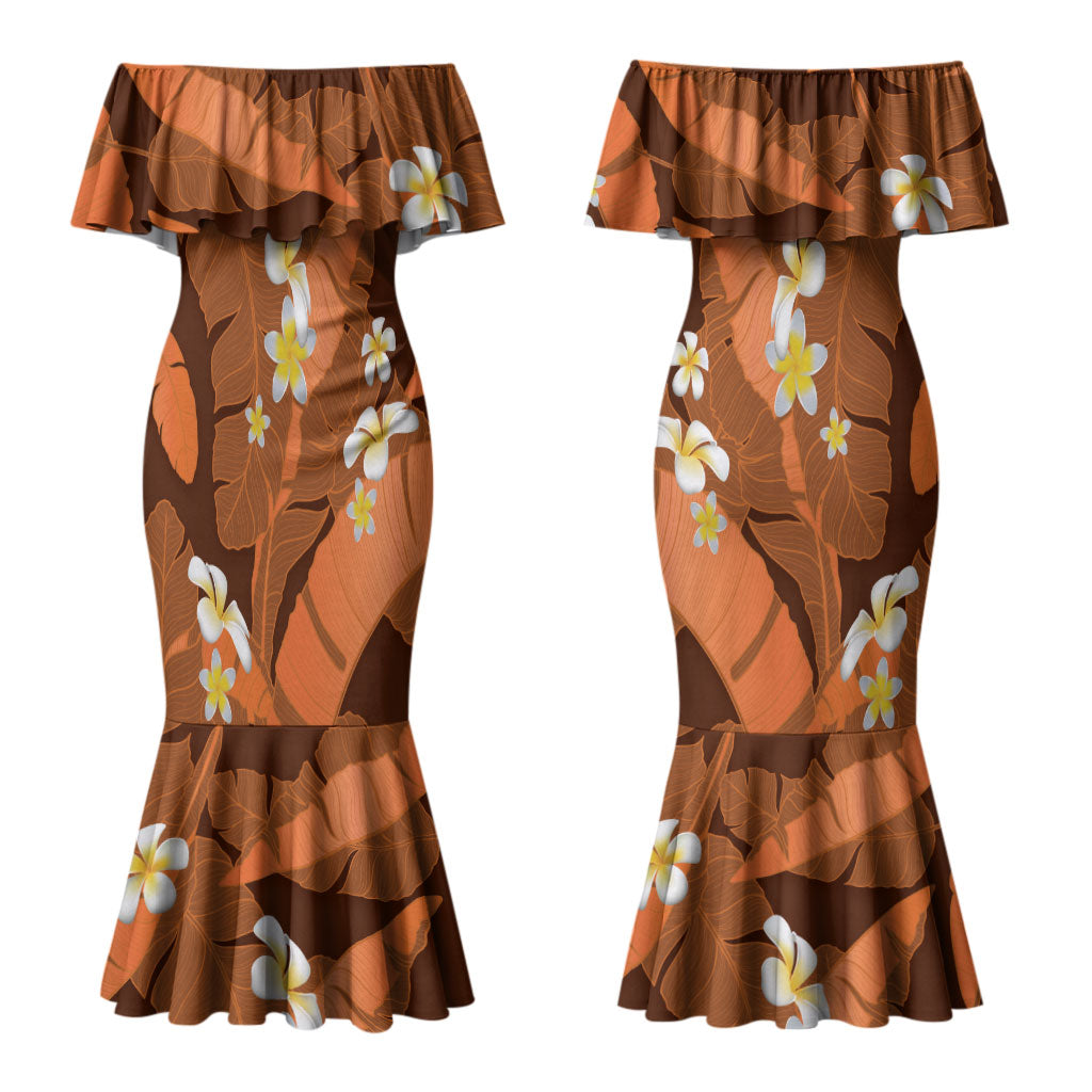 Orange Banana Leaf Hawaii Couples Matching Mermaid Dress and Long Sleeve Button Shirt Lau Maia Plumeria Tropical Summer Vibes LT14 - Polynesian Pride
