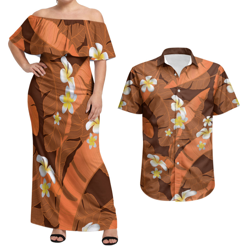 Orange Banana Leaf Hawaii Couples Matching Off Shoulder Maxi Dress and Hawaiian Shirt Lau Maia Plumeria Tropical Summer Vibes LT14 Orange - Polynesian Pride