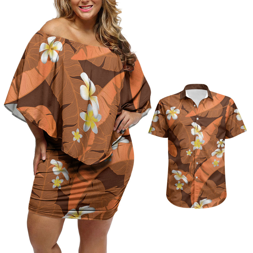 Orange Banana Leaf Hawaii Couples Matching Off Shoulder Short Dress and Hawaiian Shirt Lau Maia Plumeria Tropical Summer Vibes LT14 Orange - Polynesian Pride