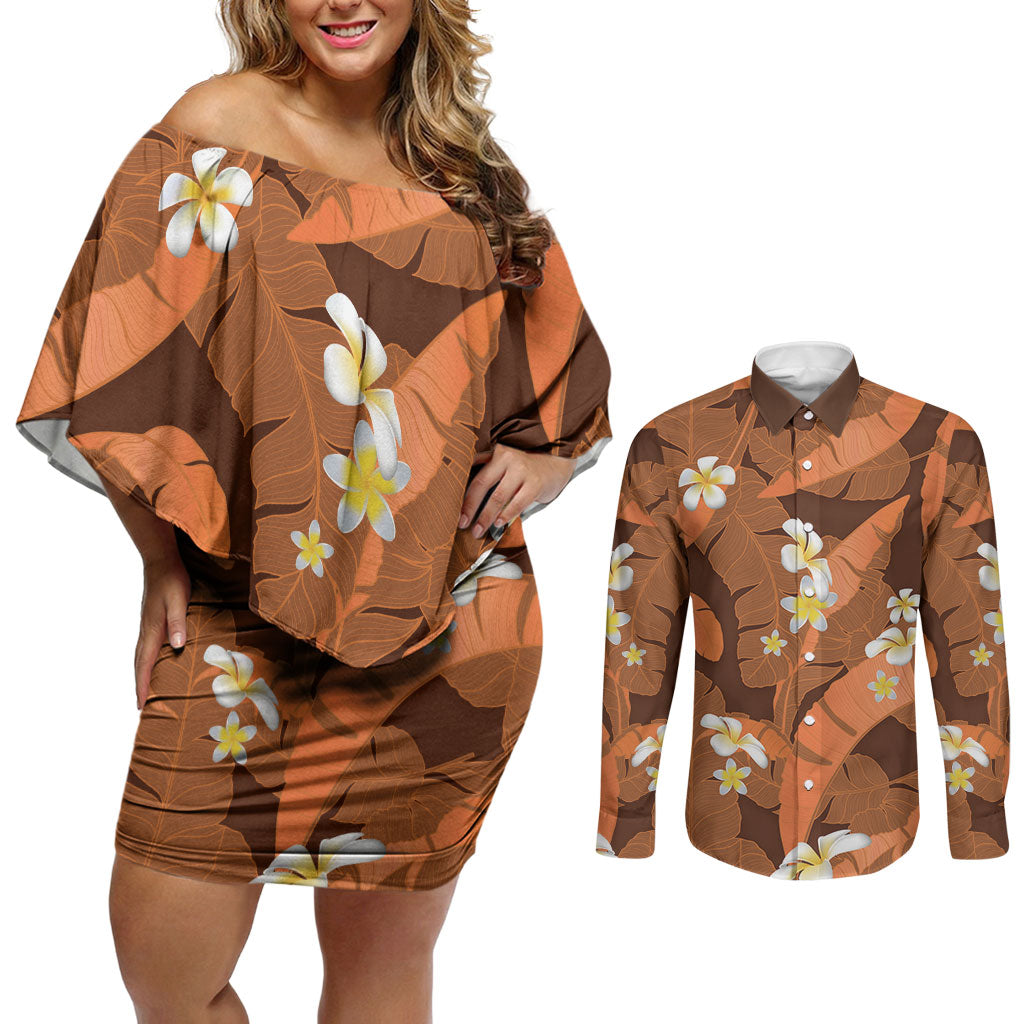 Orange Banana Leaf Hawaii Couples Matching Off Shoulder Short Dress and Long Sleeve Button Shirt Lau Maia Plumeria Tropical Summer Vibes LT14 Orange - Polynesian Pride