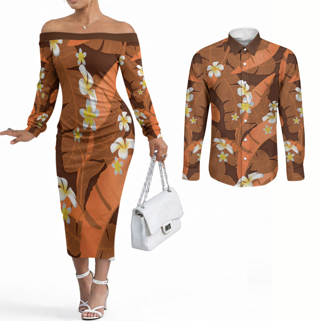 Orange Banana Leaf Hawaii Couples Matching Off The Shoulder Long Sleeve Dress and Long Sleeve Button Shirt Lau Maia Plumeria Tropical Summer Vibes LT14 Orange - Polynesian Pride