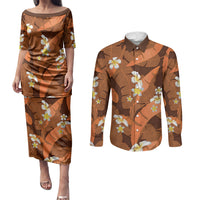 Orange Banana Leaf Hawaii Couples Matching Puletasi and Long Sleeve Button Shirt Lau Maia Plumeria Tropical Summer Vibes LT14 Orange - Polynesian Pride