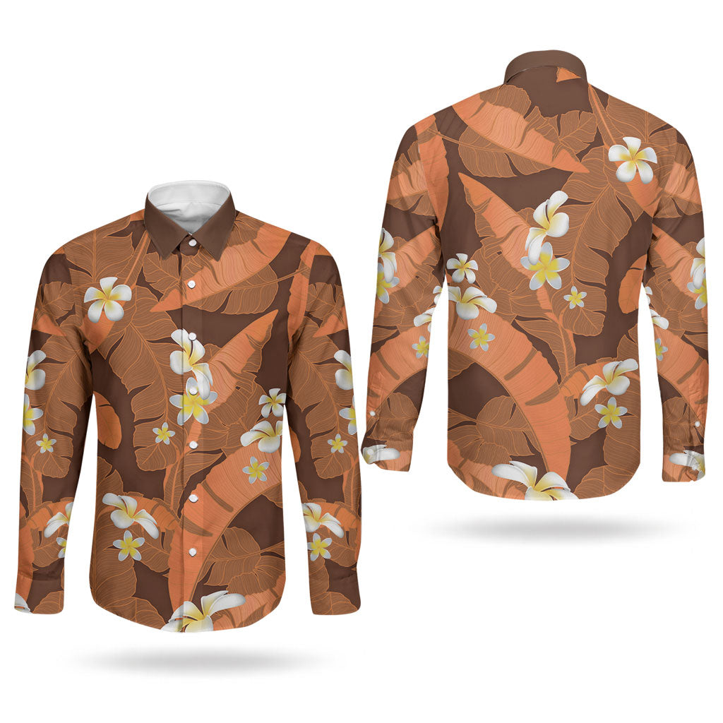 Orange Banana Leaf Hawaii Couples Matching Puletasi and Long Sleeve Button Shirt Lau Maia Plumeria Tropical Summer Vibes LT14 - Polynesian Pride