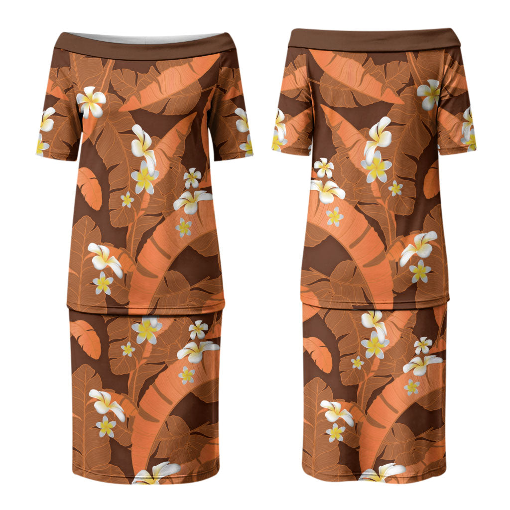 Orange Banana Leaf Hawaii Couples Matching Puletasi and Long Sleeve Button Shirt Lau Maia Plumeria Tropical Summer Vibes LT14 - Polynesian Pride