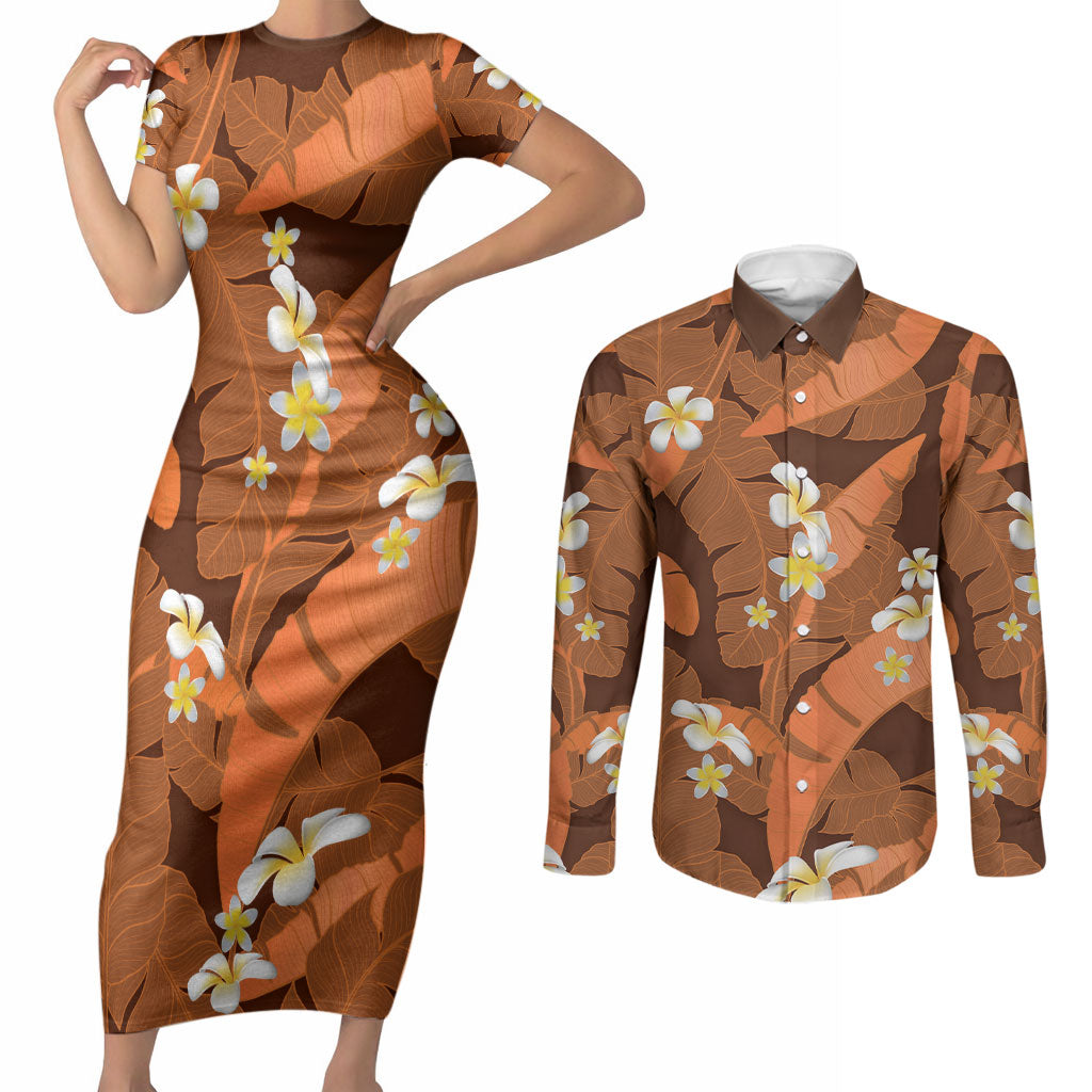 Orange Banana Leaf Hawaii Couples Matching Short Sleeve Bodycon Dress and Long Sleeve Button Shirt Lau Maia Plumeria Tropical Summer Vibes LT14 Orange - Polynesian Pride
