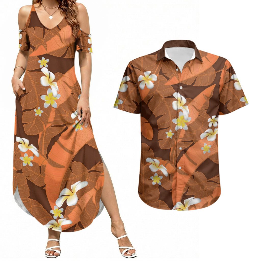 Orange Banana Leaf Hawaii Couples Matching Summer Maxi Dress and Hawaiian Shirt Lau Maia Plumeria Tropical Summer Vibes LT14 Orange - Polynesian Pride