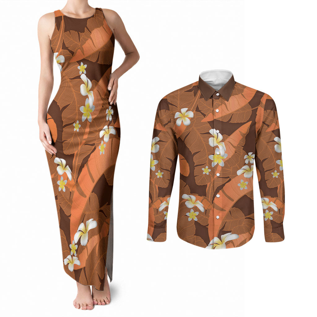 Orange Banana Leaf Hawaii Couples Matching Tank Maxi Dress and Long Sleeve Button Shirt Lau Maia Plumeria Tropical Summer Vibes LT14 Orange - Polynesian Pride