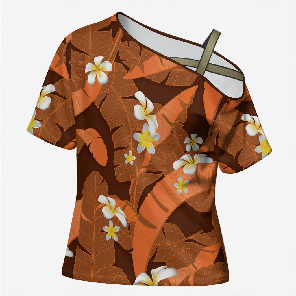 Orange Banana Leaf Hawaii Cross Shoulder Shirt Lau Maia Plumeria Tropical Summer Vibes LT14 Female Orange - Polynesian Pride
