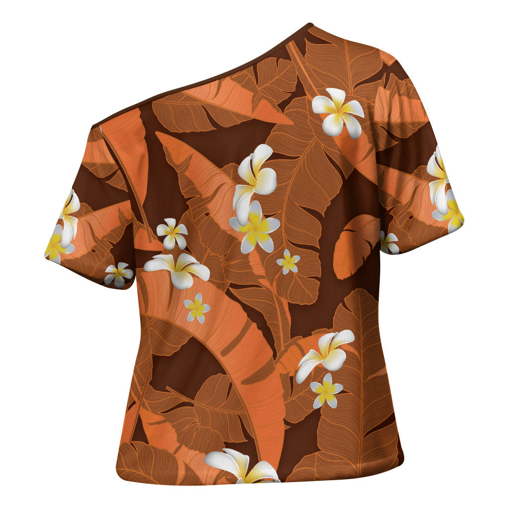 Orange Banana Leaf Hawaii Cross Shoulder Shirt Lau Maia Plumeria Tropical Summer Vibes LT14 - Polynesian Pride
