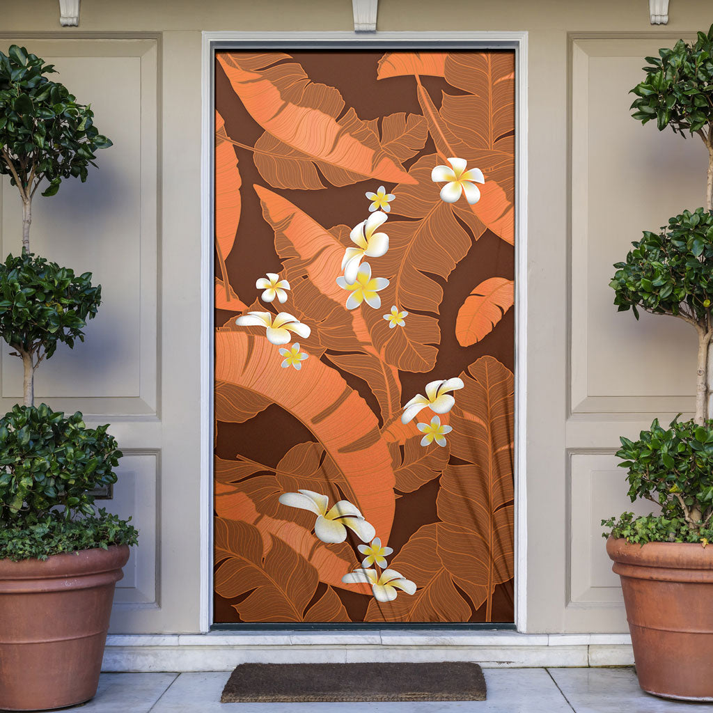 Orange Banana Leaf Hawaii Door Cover Lau Maia Plumeria Tropical Summer Vibes LT14 Orange - Polynesian Pride