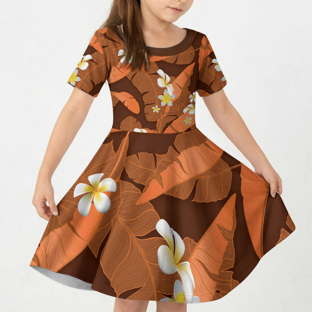 Orange Banana Leaf Hawaii Kid Short Sleeve Dress Lau Maia Plumeria Tropical Summer Vibes LT14 KID Orange - Polynesian Pride